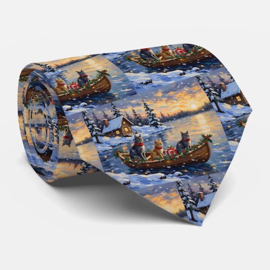 Cravate Chat Bleu Russe Noël Bateau Fêtes (Roulé)