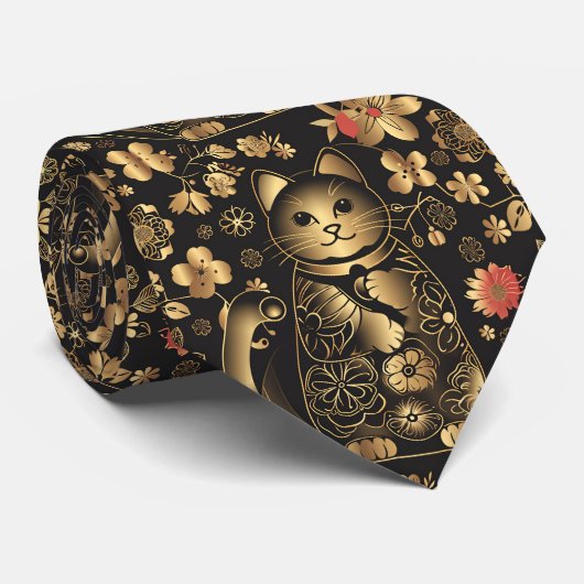 Cravate Chat chinois chanceux (Roulé)