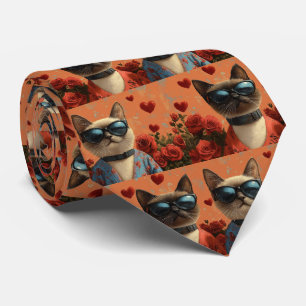 Cravate Chat de Siamese avec coeur Roses Saint-Valentin
