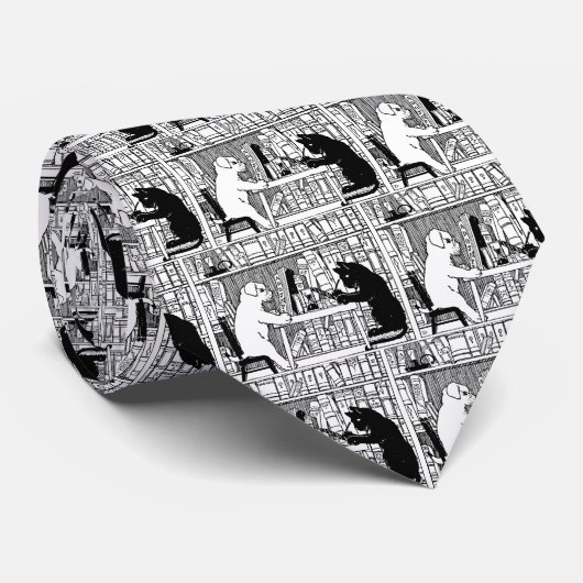 Cravate Chat et chien à la bibliothèque (Roulé)