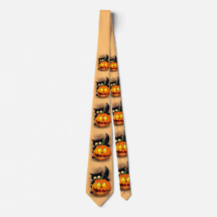 Cravate Chat Fun Halloween Caractère mordant un Citrouille