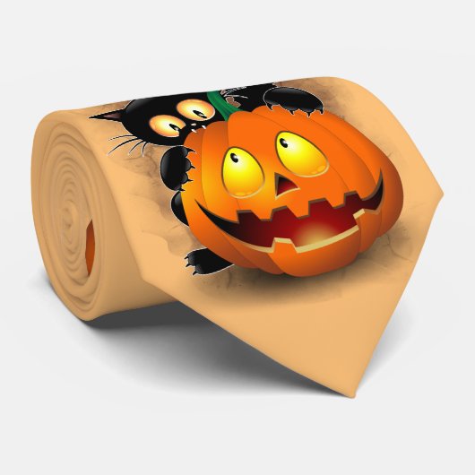 Cravate Chat Fun Halloween Caractère mordant un Citrouille (Roulé)