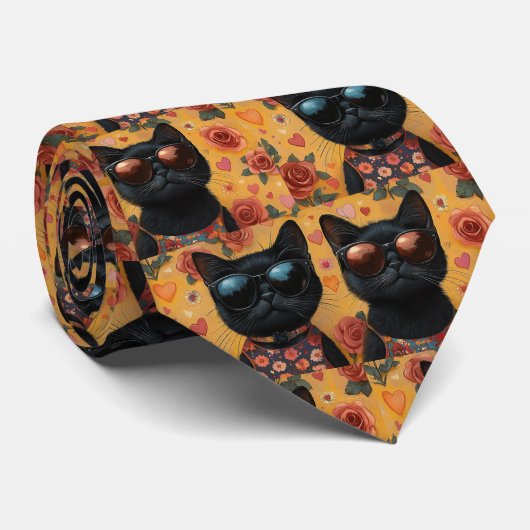 Cravate Chat Noir Avec Roses de la Saint-Valentin  (Roulé)
