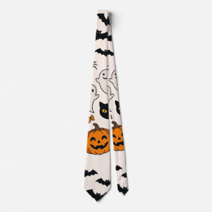 Cravate Chat noir et citrouille Halloween Maison hantée