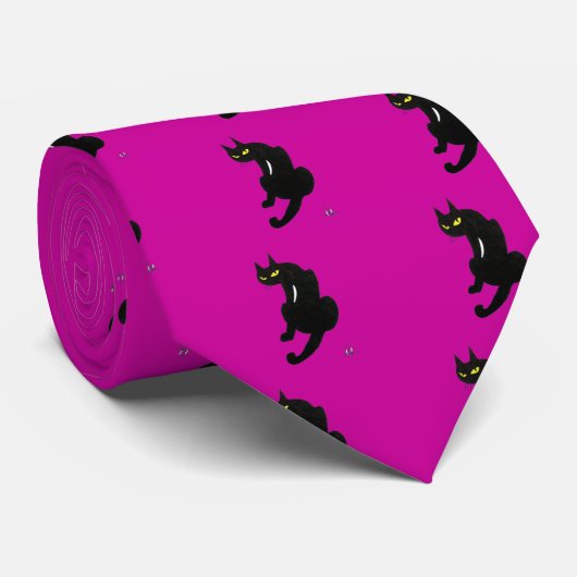 Cravate CHAT NOIR NINJA Pink Fuchsia Black Dessin (Roulé)