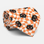 Cravate Chat noir rétro Motif chèque orange (Roulé)