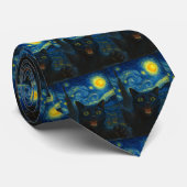 Cravate Chat noir Starry Nuit Van Gogh Chat Selfie (Roulé)