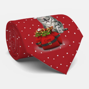 Cravate Chat père Noël avec Polkadot rouge et blanc