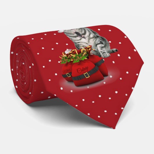 Cravate Chat père Noël avec Polkadot rouge et blanc (Roulé)