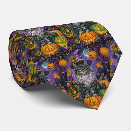 Cravate Chat Sibérien éffrayant Halloween sorcière et Citr (Roulé)