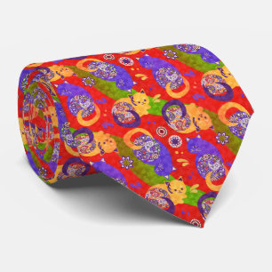 Cravate Chats japonais mignons Rouge violet et vert