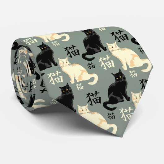 Cravate Chats noirs et blancs avec caractères japonais (Roulé)