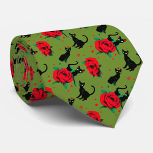 Cravate Chats noirs roses rouges motif Saint-Valentin somb