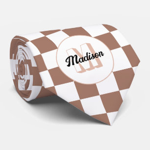 Cravate Chèque carré mocha brun blanc rétro Monogramme