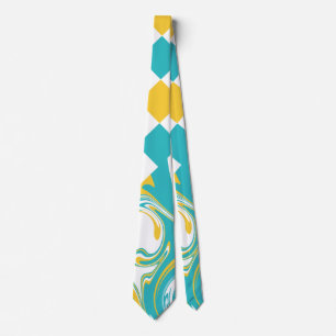 Cravate Chèques et permules en Turquoise, Jaune et Blanc