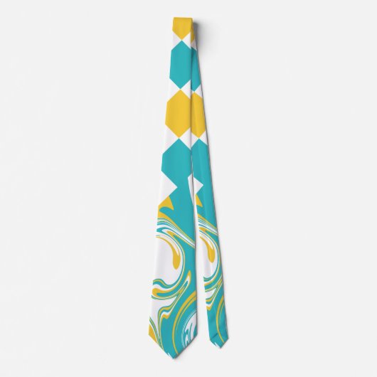 Cravate Chèques et permules en Turquoise, Jaune et Blanc (Devant)