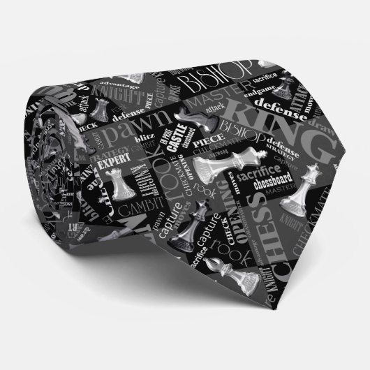 Cravate Chess Terms and Pieces Black and White ID784 (Roulé)