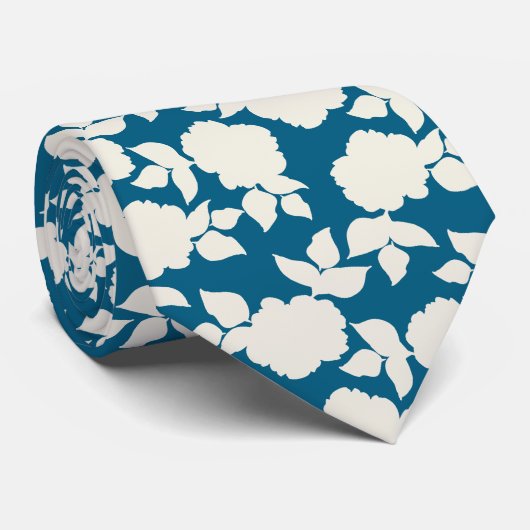 Cravate Chic bleu vavy & motif floral blanc (Roulé)