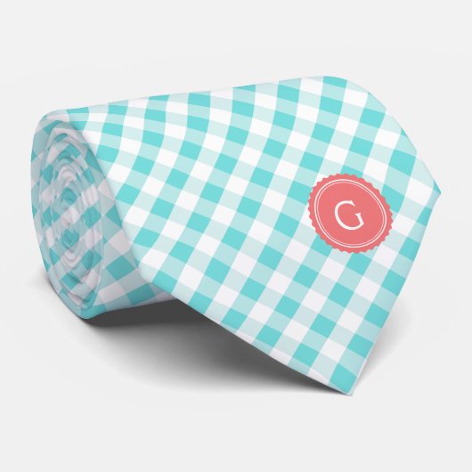 Cravate chic preppy turquoise en vichy motif monogramme (Roulé)