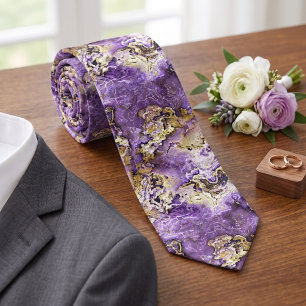 Cravate Chic Violet Pourpre Or Agate Marbre Motif Artistiq