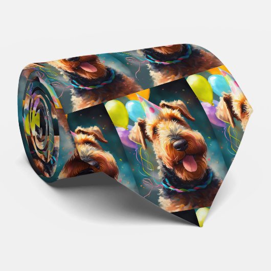 Cravate Chien Airedale avec casquette d'anniversaire et ba (Roulé)