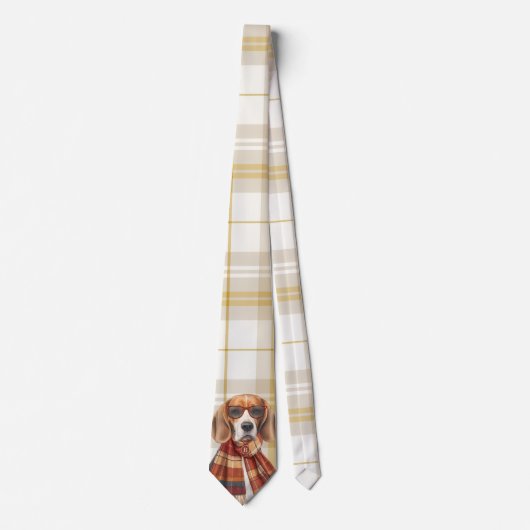 Cravate Chien Beagle et plaid doré monogrammé (Devant)