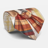 Cravate Chien Beagle et plaid doré monogrammé (Roulé)