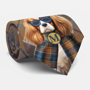 Cravate Chien Cavalier King Charles et monogramme à carrea