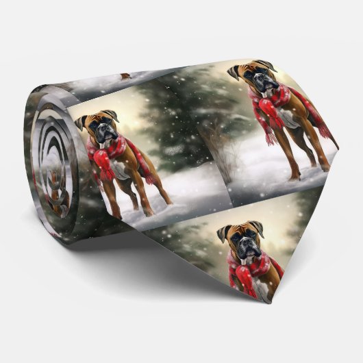 Cravate Chien de boxe en Noël de neige (Roulé)