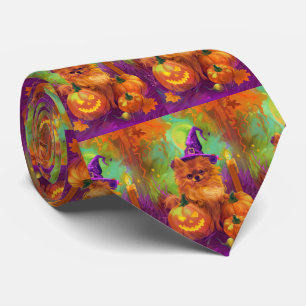 Cravate Chien Poméranien éffrayant Halloween sorcière et C