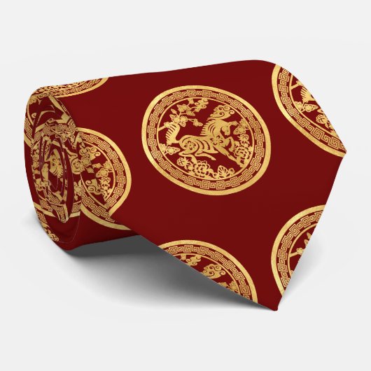 Cravate Chinese Horse gold paper-cut style red Tie (Roulé)