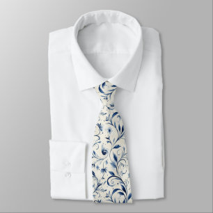 Cravate Chinoiserie Aquarelle Bleue Vigne & Floral