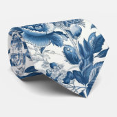 Cravate Chinoiserie Bleu et Blancs Fleurs florales (Roulé)