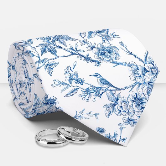 Cravate Chinoiserie bleue et blanche Oiseaux floraux