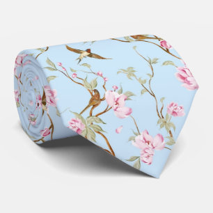 Cravate Chinoiserie botanique bleue et rose Oiseaux et fle