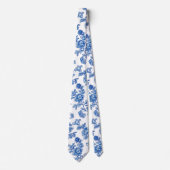 Cravate Chinoiserie Rose Paeonie Bleue et Blanche (Devant)