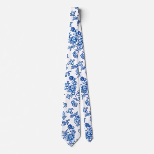 Cravate Chinoiserie Rose Paeonie Bleue et Blanche (Devant)