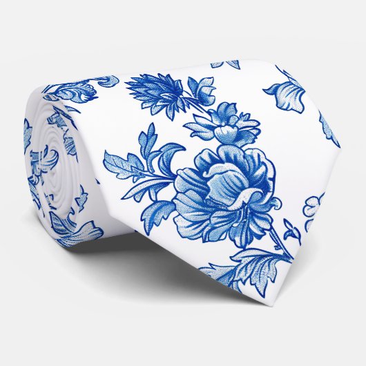 Cravate Chinoiserie Rose Paeonie Bleue et Blanche (Roulé)