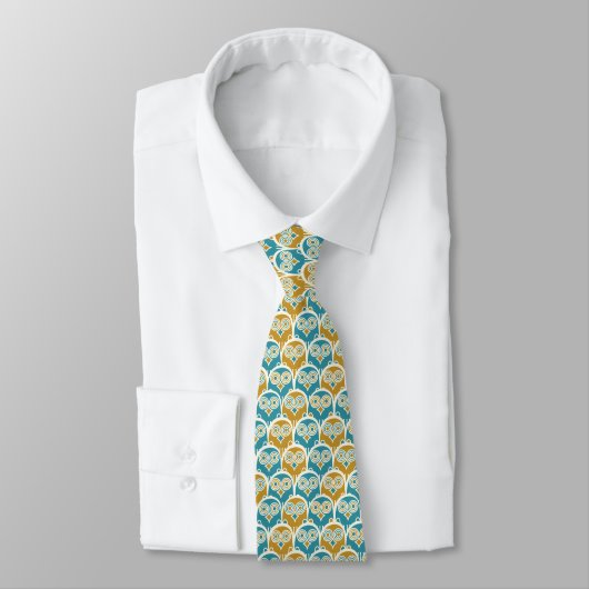 Cravate Chouettes à bec moutarde et bleu turquoise (Attaché)