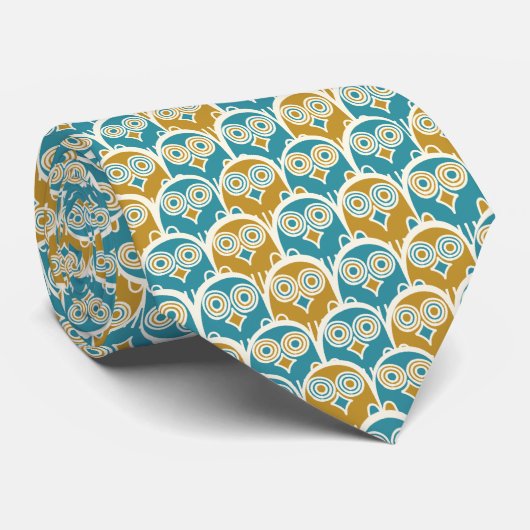 Cravate Chouettes à bec moutarde et bleu turquoise (Roulé)