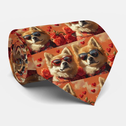 Cravate Chow Chow avec coeur Roses Saint-Valentin (Roulé)