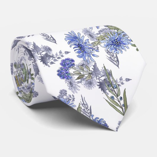 Cravate Chrysanthèmes bleus, aquarelle (Roulé)