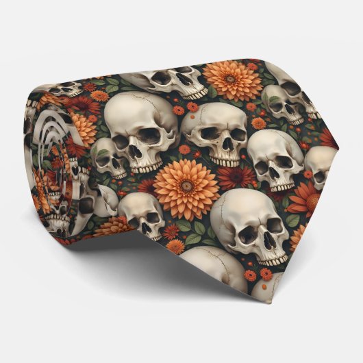 Cravate Chrysanthèmes et crânes (Roulé)