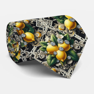 Cravate Citron Amalfi Faux Soie Luxe Art Déco Diamants