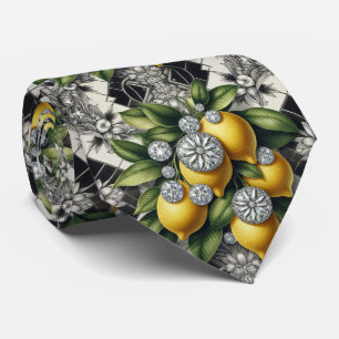 Cravate Citron Amalfi Faux Soie Luxe Art Déco Diamants
