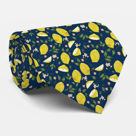 Cravate Citron jaune bleu fruit brillant été (Roulé)