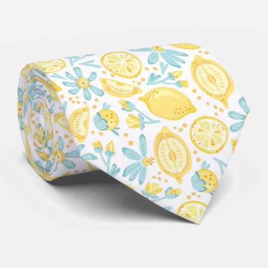 Cravate Citrons jaunes & Fleurs bleues pastel Motif (Roulé)
