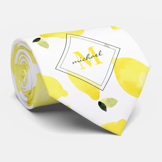 Cravate Citrons joyeux Motif Monogramme jaune Nom Blanc (Roulé)