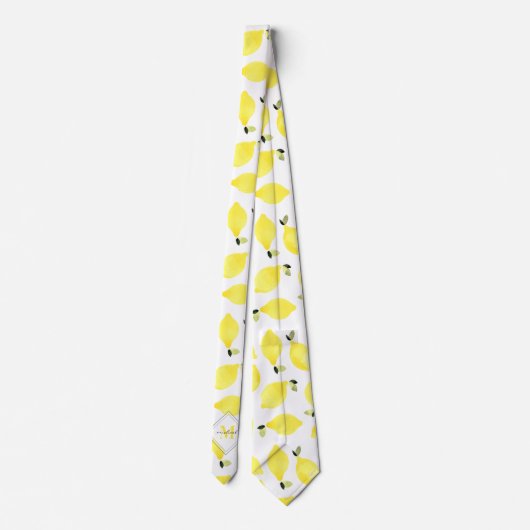 Cravate Citrons joyeux Motif Monogramme jaune Nom Blanc (Dos)