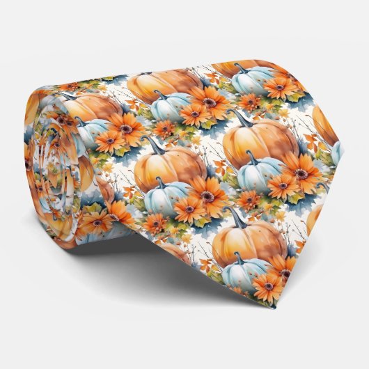 Cravate Citrouilles d'automne avec Fleurs et Motif de feui (Roulé)